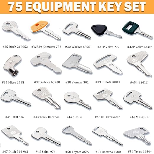 75 Non-Duplicated Heavy Equipment Key Set, Construction Equipment Ignition Master Keys fits CAT Caterpillar Bobcat JCB John Deere Case Kubota Volvo Komatsu Takeuchi Hyster Jlg Yanmar
