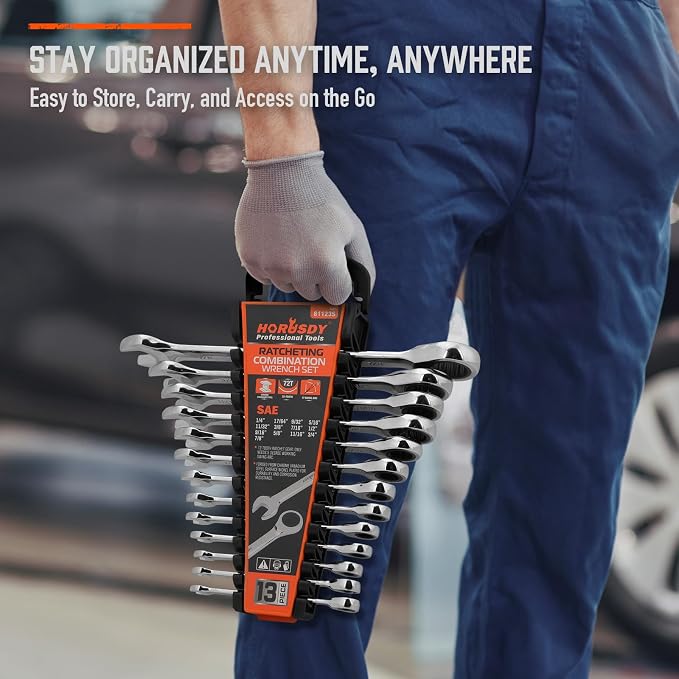 HORUSDY 13-Piece Sturdy Ratcheting Wrench Set | SAE 1/4''–7/8'' | Max Torque Ratchet Combination Wrenches Set with Storage Rack | 72-Tooth | Chrome Vanadium Steel
