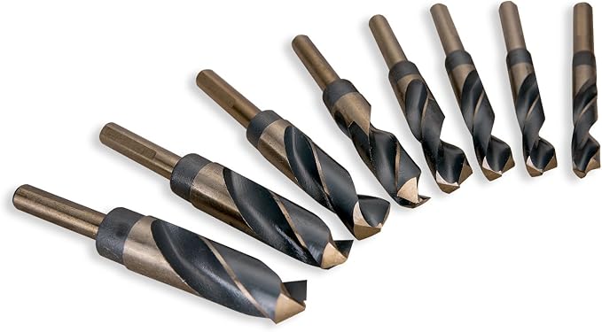 EFFICERE 8-Piece Premium 1/2” Reduced Shank Silver and Deming Large Drill Bit Set in Aluminum Carry Case, M2 High Speed Steel, 135-Degree Split Point | SAE Inch Size 9/16” - 1” by 1/16th Increment