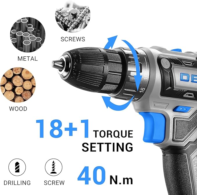 Power Drill Cordless: DEKO PRO Cordless Drill 20V Electric Power Drill Set Tool for Women Drills with Battery and Charger 20 Volt Drills Driver Kit Blue