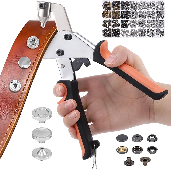 Dntorx Heavy Duty Snap Fastener Tool with 100 Sets, 15mm Snap Button Kit Stainless Steel Snap Fasteners Kit Snap Kit with Tool Snaps for Ffabric Leather Sewing DIY Crafts(Orange)