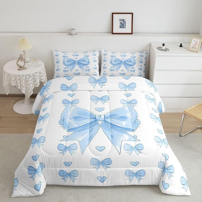 Feelyou Cute Blue Bowknot Kids Comforter Set Queen Size Love Hearts Bow Bedding Set Girly Bow Duvet Quilt for Kids Boys Girls Bedroom Decor Microfiber Ultra Soft Breathable