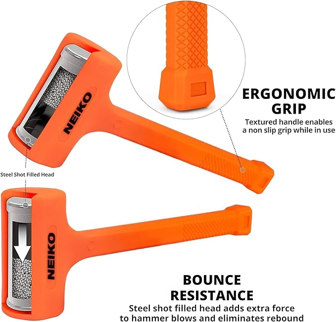 NEIKO 02843A Dead Blow Hammer, 1.5 Pounds, Neon Orange Deadblow Hammers, Mallet, Spark and Rebound Resistant, Unibody Molded, Soft Blow Rubber, Checkered Grip, Steel Shot and Core