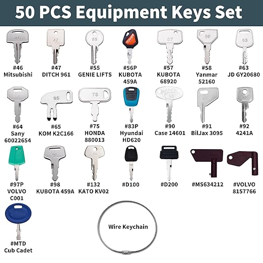 50PCS No-Duplicate Heavy Equipment Keys Set, Construction Keys Master Set for CAT, JCB, JD, JLG, Takeuchi, Master Ignition Keys Set