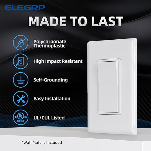 ELEGRP 3 Way Decorator Light Switch, 15Amp, 120-277 Volt, AC Rocker Paddle Wall Switch Replacement, Self-Grounding, Residential Grade, Screwless Wall Plate, UL Listed (10 Pack, Glossy White)