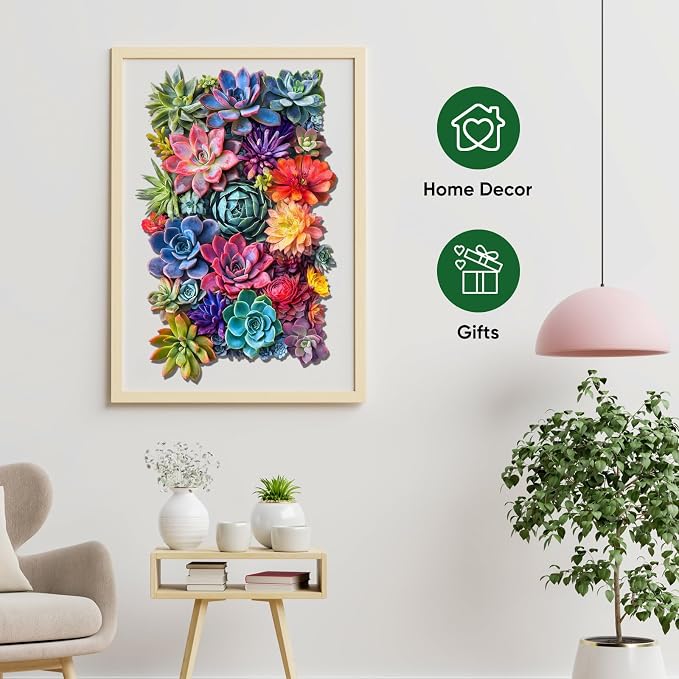 Delobil Rectangular Succulent Wooden Puzzles,500 Pieces Jigsaw Puzzles 18.5'' x11.7'', Unique Design Wooden Puzzles for Adults and Kids, Family Game Gift Royal Size