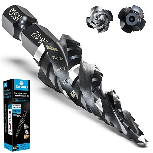 M35 Four Spiral Flute Step Drill Bit Set 1/8"-1/2" （13 Sizes ）,1/4" Hex Shank Drill, Impact Resistant M35 HSS Unibit Step Drill bit for Stainless Steel, Wood, Aluminum, Plastic