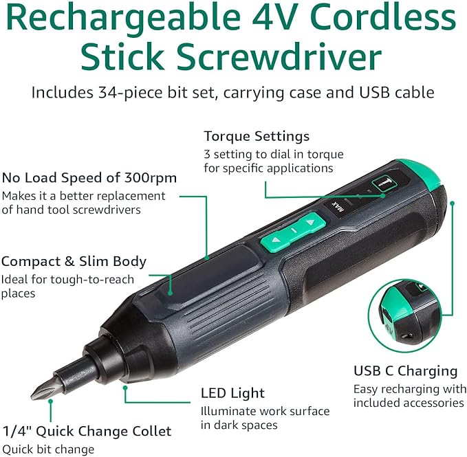 Amazon Basics by SKIL 4V Rechargeable Cordless Stick Screwdriver with 34-Piece Bit Set, Carrying Case, USB-C Charging, LED Work Light, 3 Torque Settings, Portable