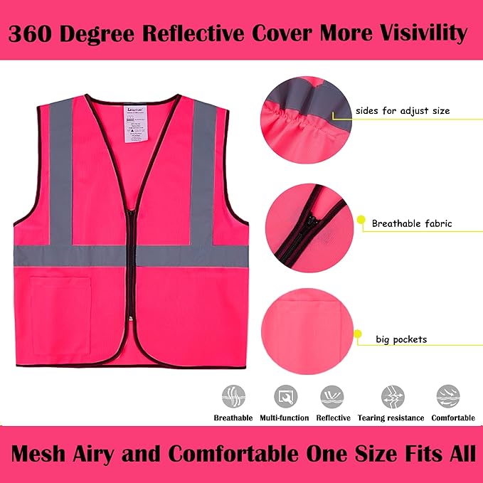 Pink Safety Vests 20 Pack - Reflective High Visibility Construction ANSI Class 2 Work Vests for Men,Woman with Zipper,Hi Vis Mesh and Neon Silver