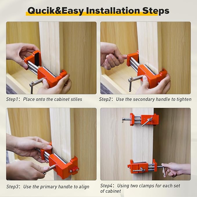 Cabinet Clamps, Cabinet Installation Cabinetry Clamps Face Frame Clamps Tools with Two Side Screws and Alignment Plate, 4 Pack, Orange