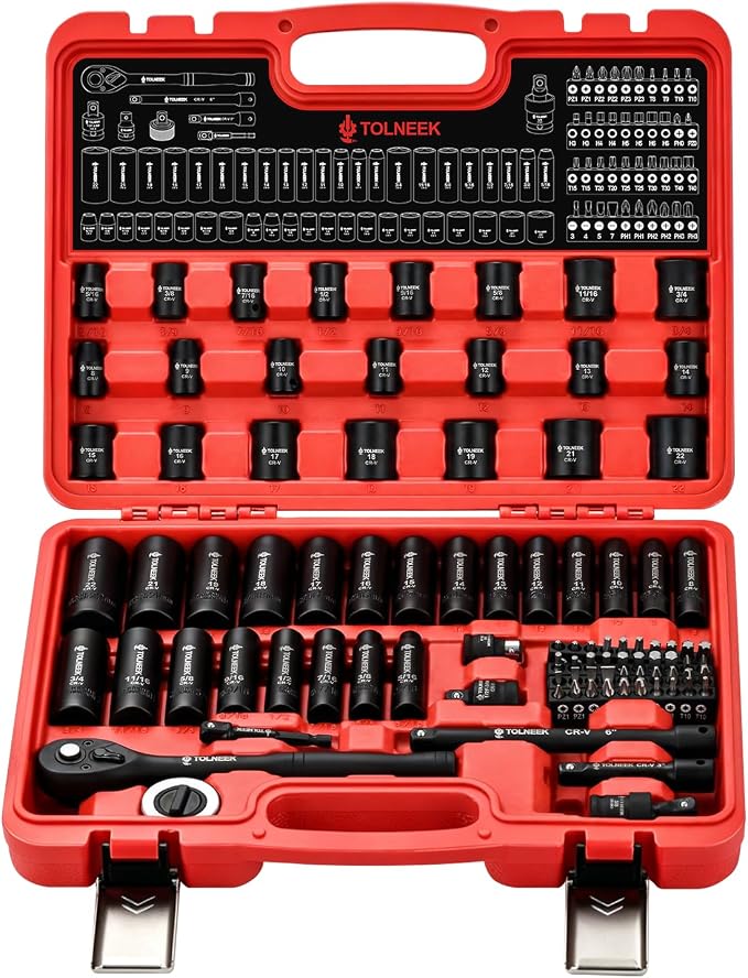 3/8 impact socket set, 92PCS 6-Point (5/16" to 3/4“,8mm to 22mm), Cr-Mo, with Adapters, Wrench, Quick Release Ratchet, Palm Ratchet Kit,Extension Bar & Storage Case