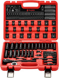 3/8 impact socket set, 92PCS 6-Point (5/16" to 3/4“,8mm to 22mm), Cr-Mo, with Adapters, Wrench, Quick Release Ratchet, Palm Ratchet Kit,Extension Bar & Storage Case