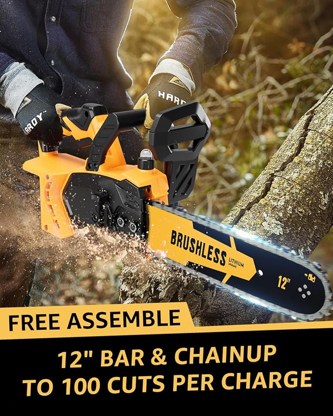 12 Inch Brushless Cordless Chainsaw for 20v Max Battery with Auto Oiler, 45Ft/s 1100W Electric High-Efficiency, No Installation Required, Yellow (Battery Not Included)