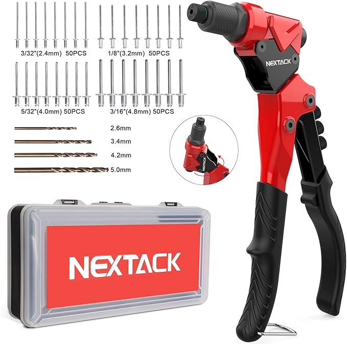 NEXTACK Heavy Duty Pop Rivet Gun Kit (NT200) – 360° Swivel Head for Tight Spaces, 4 HSS Drill Bits + 200 Assorted Rivets + 4 Nosepieces | Rugged Organized Case