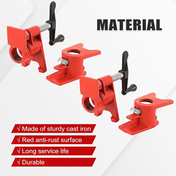 3/4" Wood Gluing Pipe Clamp Set with Unique Foot Design Red Heavy Duty Bar Clamps Cast Iron Quick Release Pipe Clamp Tools for Woodworking (6pc, 3/4" with foot)
