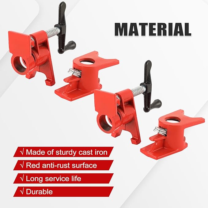 1/2" Wood Gluing Pipe Clamp Set with Unique Foot Design Red Heavy Duty Bar Clamps Cast Iron Quick Release Pipe Clamp Tools for Woodworking (6pc, 1/2" with foot)