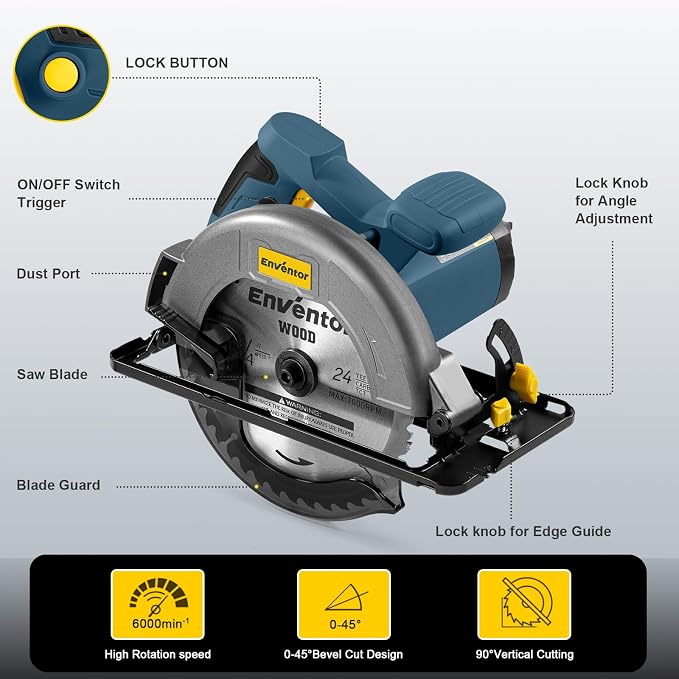 Enventor Circular Saw Corded, 11A Electric Circular Saws 7-1/4-Inch with 24T Blade Saw, Max Cutting Depth 2-7/16"(90°), 1-8/9"(0°-45°), Single Handed Bevel, 6,000RPM