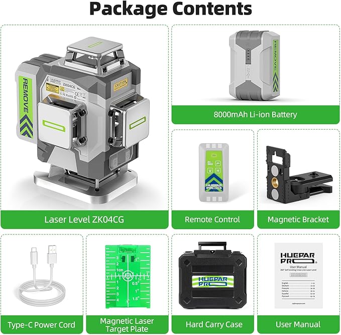 Huepar Pro Laser Level, Self Leveling 4 x 360° Green Cross Line Laser Level Tool, High Accuracy 4D Level Laser for Construction, 8000mAh Rechargeable Li-ion Battery, Remote Controller&Hard Carry Case