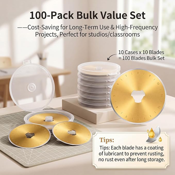 ElaraBerry Titanium Coated 100 Pack 45mm Rotary Cutter Blades Replacement Patchwork Tool for Fabric Paper Craft Quilting Scrapbooking Sewing
