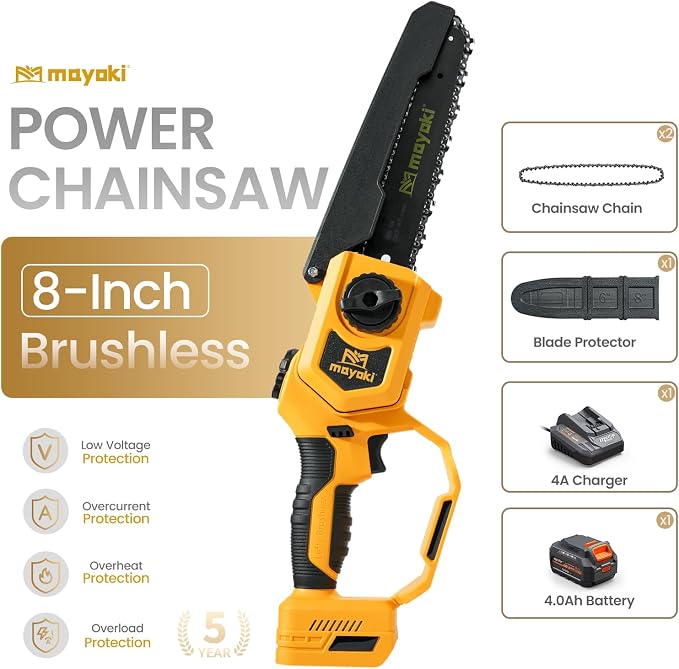 Cordless 8In Chainsaw w/ 4.0Ah Battery and Charger, Compatible with Dewalt 20V MAX Battery, Electric Hand Chain Saw, Auto Oiler, 900W Brushless Motor, for Tree Trimming, Cutting, Purning