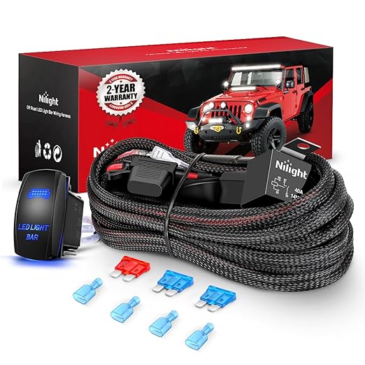 Nilight Nylon LED Light Bar Wiring Harness Kit 16 AWG 2 Leads | 12V 5Pin Rocker Switch, Laser On/Off Power Relay & Blade Fuse for Off Road Lights on Cars Jeep Boat Trucks