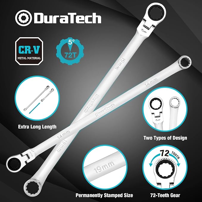 DURATECH 27PCS Extra Long Flex Head Ratcheting Wrench Set, 8-22mm | Double Box End Ratchet Wrench Set with E-type 8-22mm Replacement Heads, 10x19mm, 1/4", 3/8", 1/2" Socket Adapters