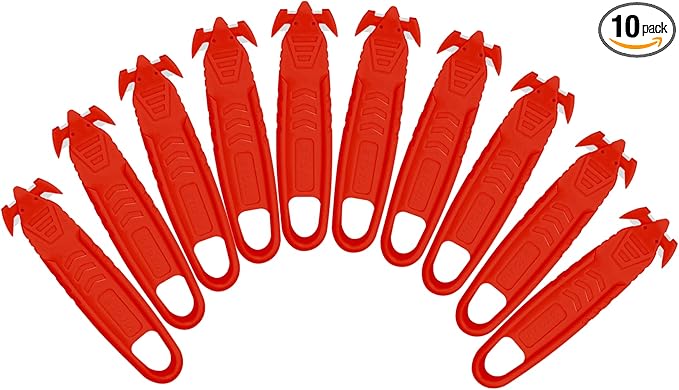 T TOVIA Safety Box Cutter Knife of Recessed Concealed Stainless Steel Blade, Package Opener Plastic Cutter for Box, Carton, Shrink Wrap, Plastic Straps,10pcs RED