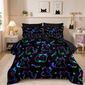 Cute Cat Kids Comforter Set King Size,7Pcs Black Neon Lights Animals Printed Bedding Sets for Kids Boys Girls Room Decor,Modern Aesthetic Sheets Twin Size Bed Set.