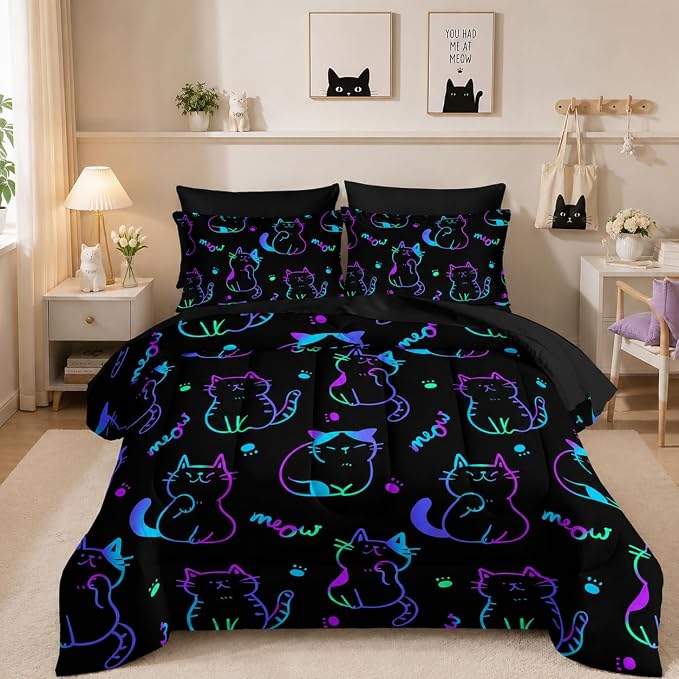 Cute Cat Kids Comforter Set Full Size,7Pcs Black Neon Lights Animals Printed Bedding Sets for Kids Boys Girls Room Decor,Modern Aesthetic Sheets Twin Size Bed Set.