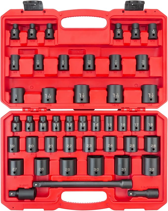 TEKTON 1/2 Inch Drive Impact Socket Set, 45-Piece | SID92403 | (5/16 - 1-1/4 in., 8 - 32 mm), Shallow, 6-Point, Case