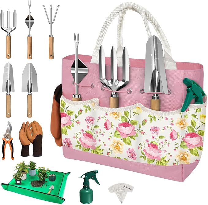 22PCS Garden Tools Set for Women,Mothers Day Garden Gifts for Mom Beginner,Heavy Duty Hand Tool Kit Gardening Supplies Included Handy Tote Bag/Trowel/Repotting Mat/Rake/Pruner/Gloves/Plant Tags -Pink