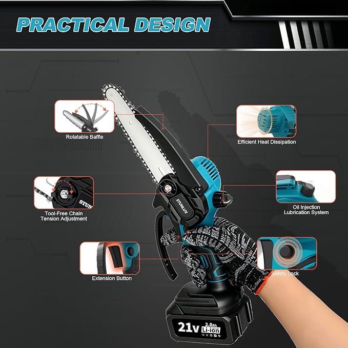 Mini Chainsaw Cordless, 6 Inch Handheld Electric Chain Saw with 2 Batteries, 21V Battery Powered with Security Lock for Tree Trimming, Wood Cutting, Pruning, Gifts for Men Dad Husband