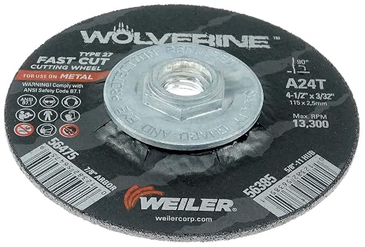 Weiler 56385 4-1/2 Inch Cutting Wheel, Wolverine AO Steel/Metal Fast Cutting, 3/32" A24T Type 27 5/8"-11 Hub, Pack of 10