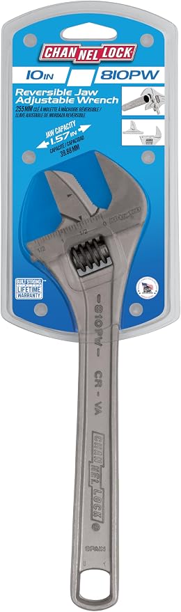Channellock Adjustable Wrench 810PW - Reversible Jaw, Pipe Wrench Function - 10 In.
