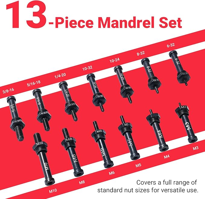 Drill Adapter Tool Kit, Cordless Rivnut Tool Gun with 13 Mandrels & 290 Rivet Nuts, Compatible with Cordless Drill & Ratchet Wrench, Metric & SAE Sizes Rugged Storage Case Included