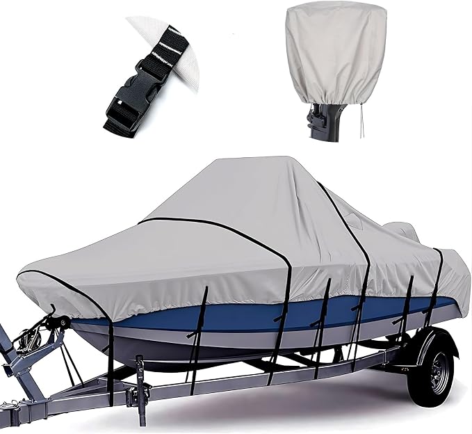 1200D Center Console Boat Cover with Motor Cove,14' - 16' L | 100% Waterproof Tear-Proof Trailerable Boat Cover with 13-19 Windproof Adjustable Straps
