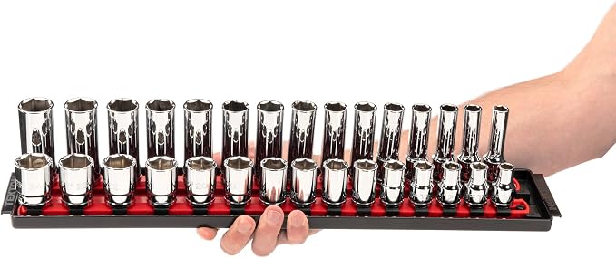 TEKTON 1/2 Inch Drive 6-Point Socket Set, 52-Piece | SHD92213 | (3/8 - 1 in., 10 - 24 mm), Shallow and Deep, Socket Rail