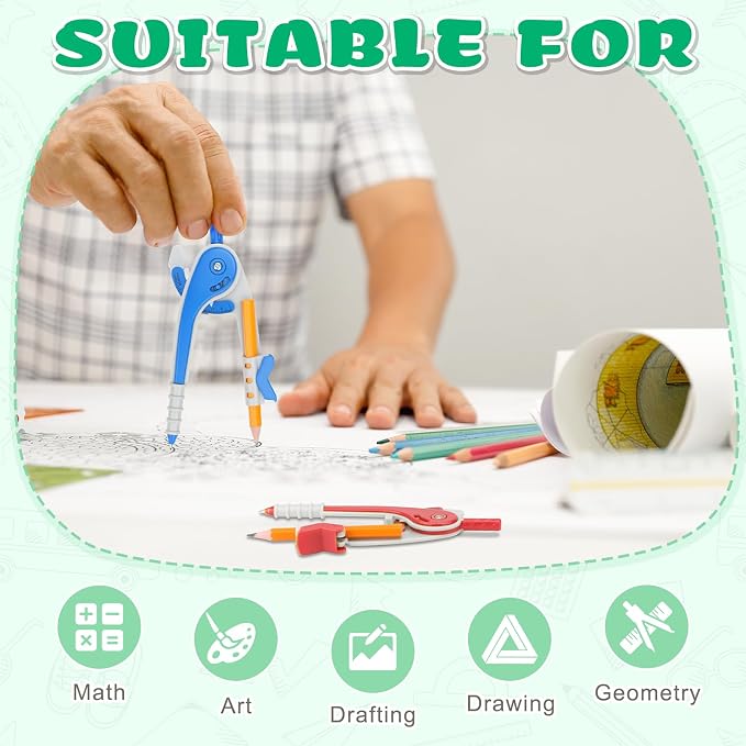 32 PCS Math Compass Geometry Math Drafting Set 6 Inch Plastic Drawing Compass with Pencils for Math Student Classroom School Office Woodworking Art Drawing Mandala Studying