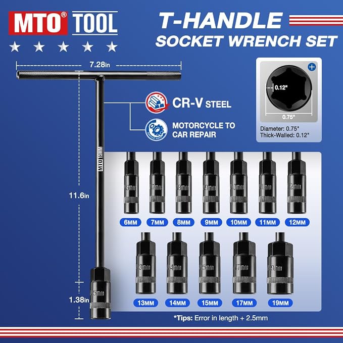 MTO T-Handle Metric Socket Wrench Set, 6-Point (6mm-15mm, 17mm, 19mm) with Hanging Organizer Strap, Cr-V Steel Lug Wrench Hex Socket for Motorcycle Car Bicycle Repair (12 Pack)