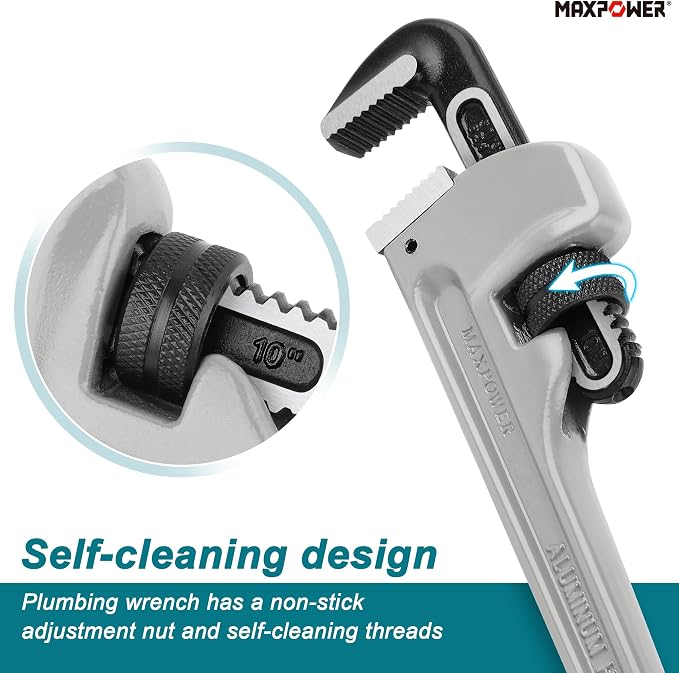 MAXPOWER 10 inch Straight Pipe Wrench, 1 inch Jaw Capacity | 40% Lighter Aluminum Adjustable Plumbing Wrench, Cr-Mo Jaw, Drop Forged