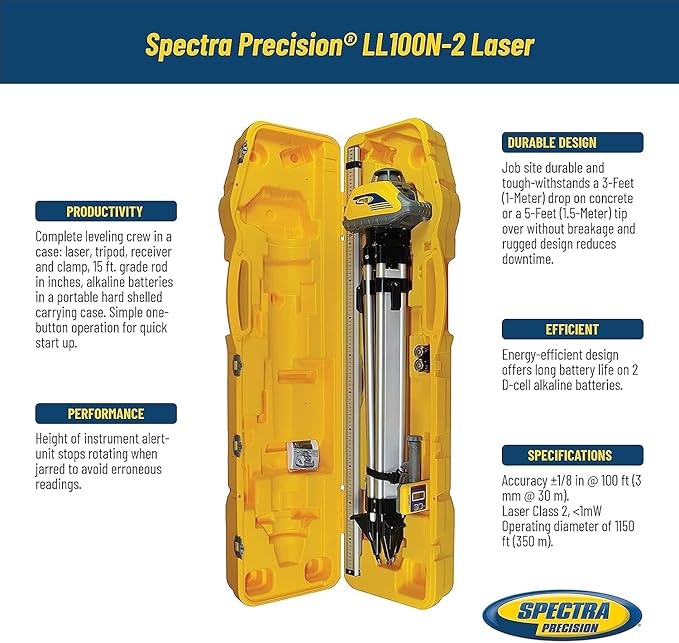 Spectra Precision LL100N-2 Laser Level Kit with HR320 Receiver and Clamp, 15' Grade Rod (Inches), Tripod, and System Case , Yellow