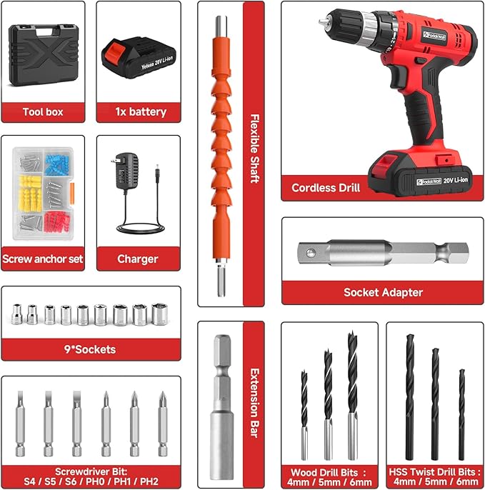 FADAKWALT Cordless Drill Set, 20V Electric Power Drill With Battery And Charger, 30N Torque, 21+1 Settings, 3/8-Inch Keyless Chuck, Driver Bits Kit, LED Light (Red）