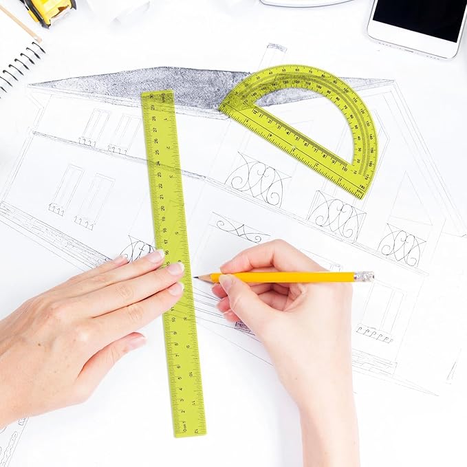 Zonon 2 Pack 12'' Plastic Ruler and 6'' Plastic Protractor Set Clear Ruler Protractor Set Math Geometry Supplies for School Classroom Home Office Drawing(Yellow)