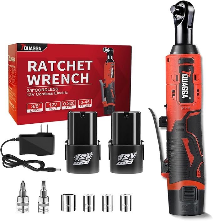 3/8" Cordless Electric Ratchet Wrench Set, 12V Power Ratchet Tool Kit With 2 Packs 2000 mAh Battery And Charger, 45 FT-LBS Battery Powered Wrench with Infinitely Variable Speeds