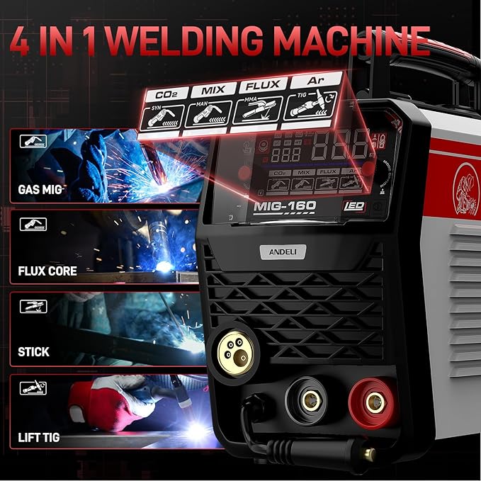 ANDELI 160A MIG Welder, GAS MIG/FLUX MIG/LIFT TIG/STICK 4-In-1 Multiprocess 110V/220V Dual Voltage Welder, LED Digital Display Synergic Control,Gas Gasless Welding Machine With welding rods