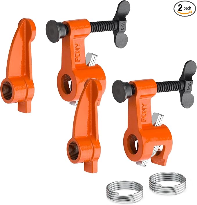 PONY Original Deep-Reach Pipe Clamp Fixture Set, 2 Pack 3/4″ Pipe Clamp Tools, 2.5″ Throat Depth, Reversible Spreader Heads, Multi-Disc Clutch for Woodworking, Carpentry, DIY