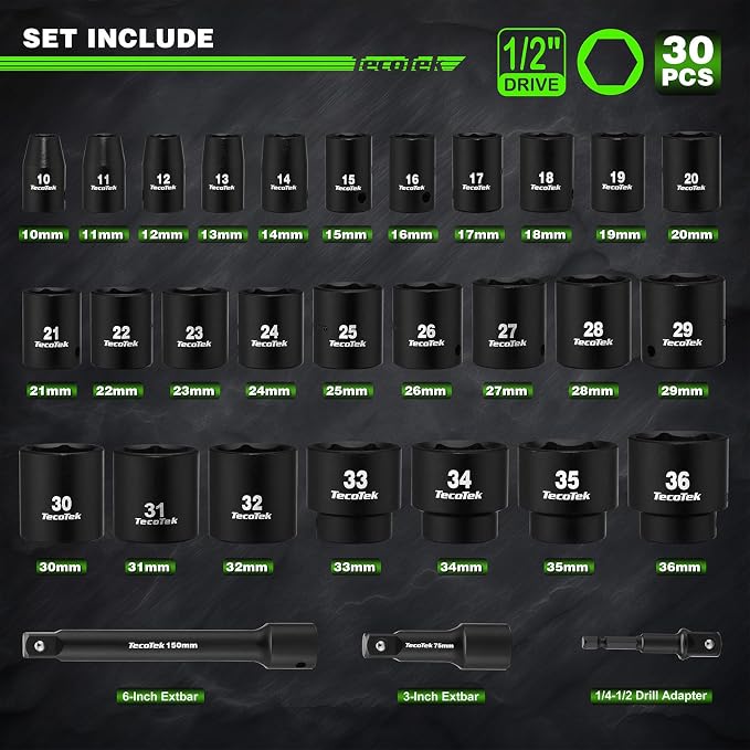 TecoTek 30 Pieces 1/2-Inch Drive Shallow Metric Impact Socket Set, Cr-Mo, 10mm to 36mm, No Skipped Sizes, 6 Point, Includes Extension Bars, Drill Socket Adapter 1/2"