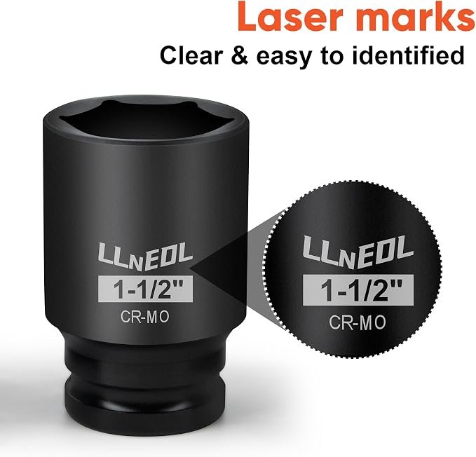 LLNEDL 3/4 Inch Drive Socket Set, 12Pcs Impact Deep/Jumbo Sockets, Standard SAE 11/16" to 1-5/8", 6-Point CR-MO Heavy-Duty Big Socket Set for Large Vehicle & Equipment Maintenance