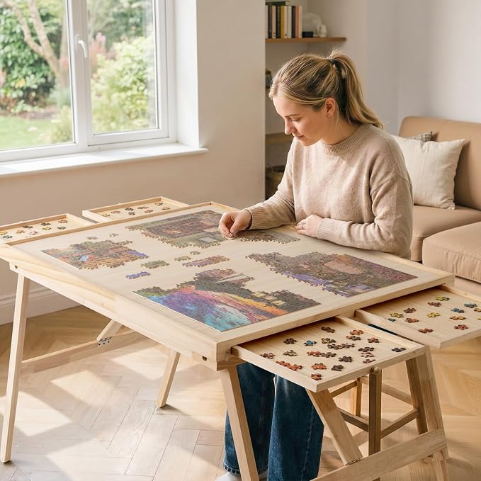 TEAKMAMA 27.6"H 2000Pcs Puzzle Table with Legs,4 Drawers for Adults,Natural | 41" W x 28.5" D Wood Folding Jigsaw Puzzle Board with Protective Cover