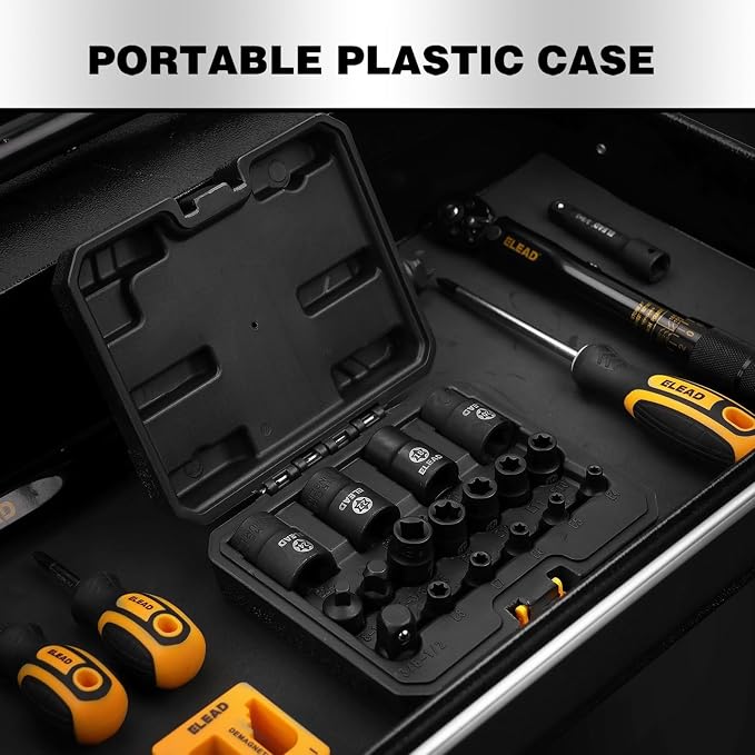 17-Piece Inverted E-Torx Socket Set - Premium Impact Cr-V Steel E4 - E24 Star Female Sockets for Impact Wrench 1/2 3/8 1/4 Drive Precision Torque Kit with Storage Case